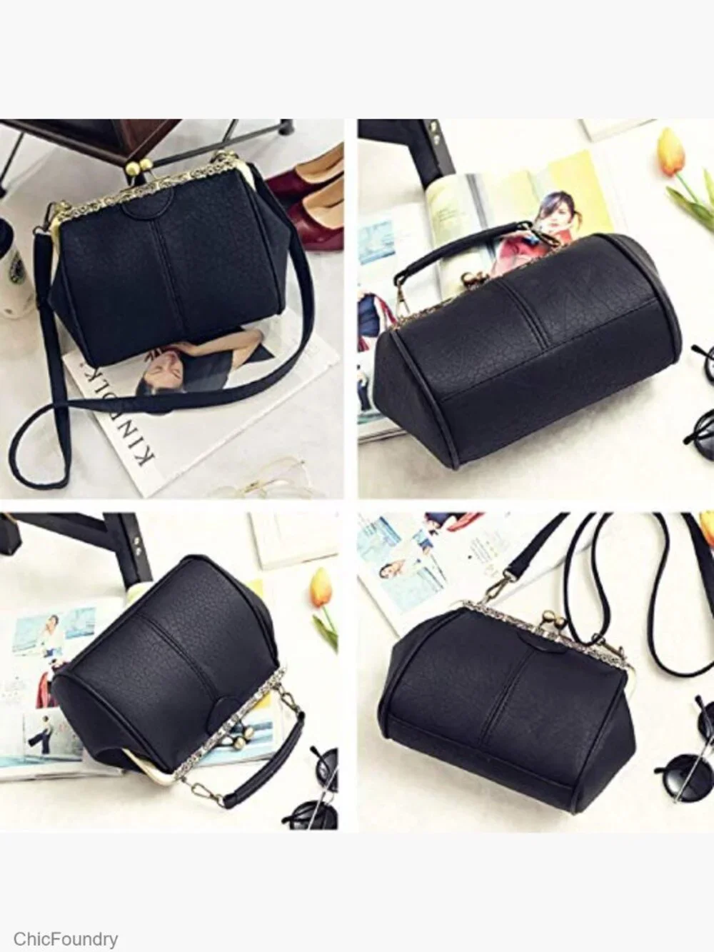 Vintage Kiss Lock Crossbody Top Handle Bag Clutch Purse